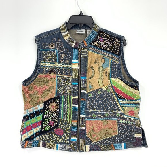 Chico's Jackets & Blazers - Chicos Denim Vest Embroidered Wearable Art Mandarin Collar Zip Front Womens L